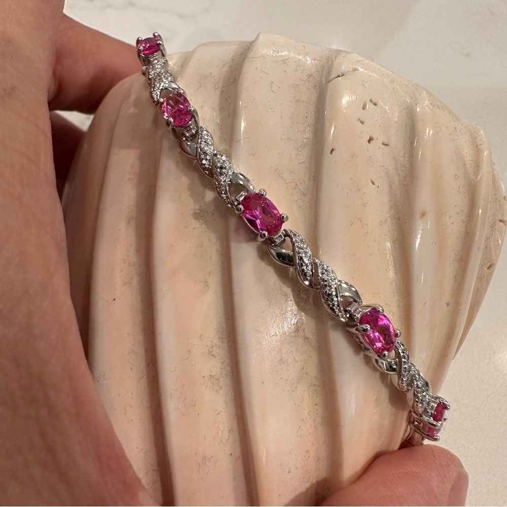 Sterling Silver 925 Hot Pink Topaz Gemstone Oval Tennis Bracelet 7.5” Length - Picture 7 of 12